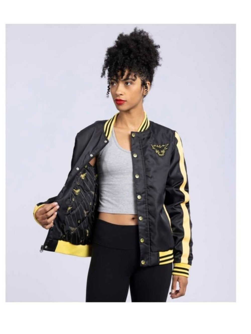 Pokemon Zapdos Snap button Insulated Adult Bomber Jacket - XS -Black /Yellow - Picture 5 of 12